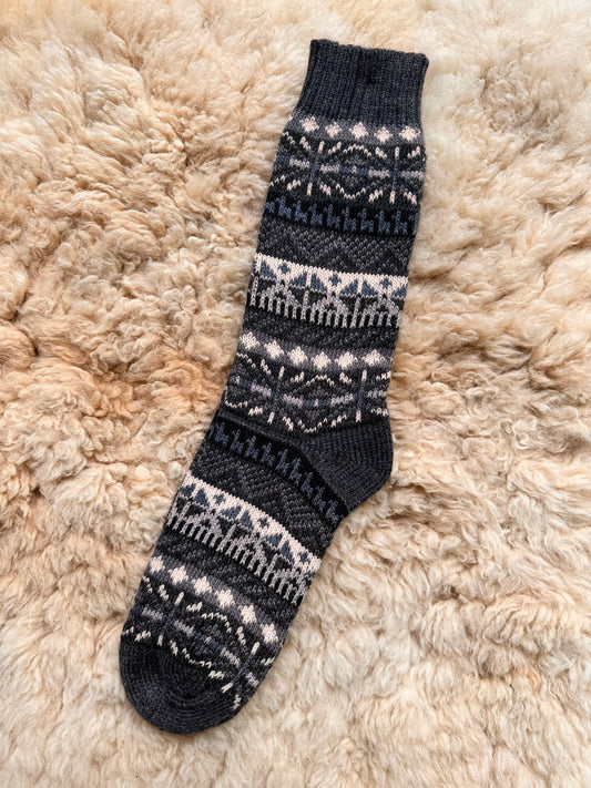 Grey Llama Fair Isle Mid-Calf Alpaca Socks