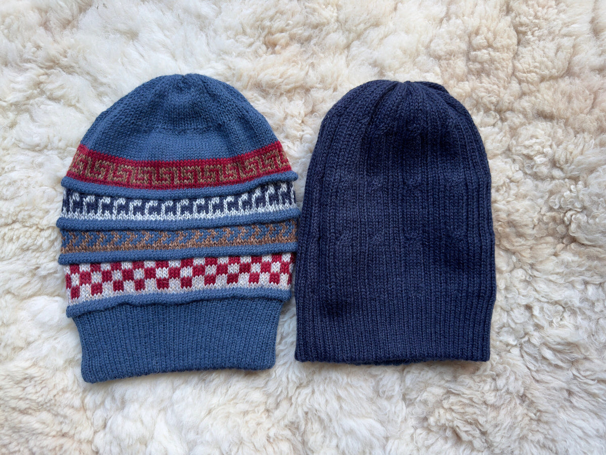 Blue & Navy Reversible Geometric Alpaca Slouch Beanie