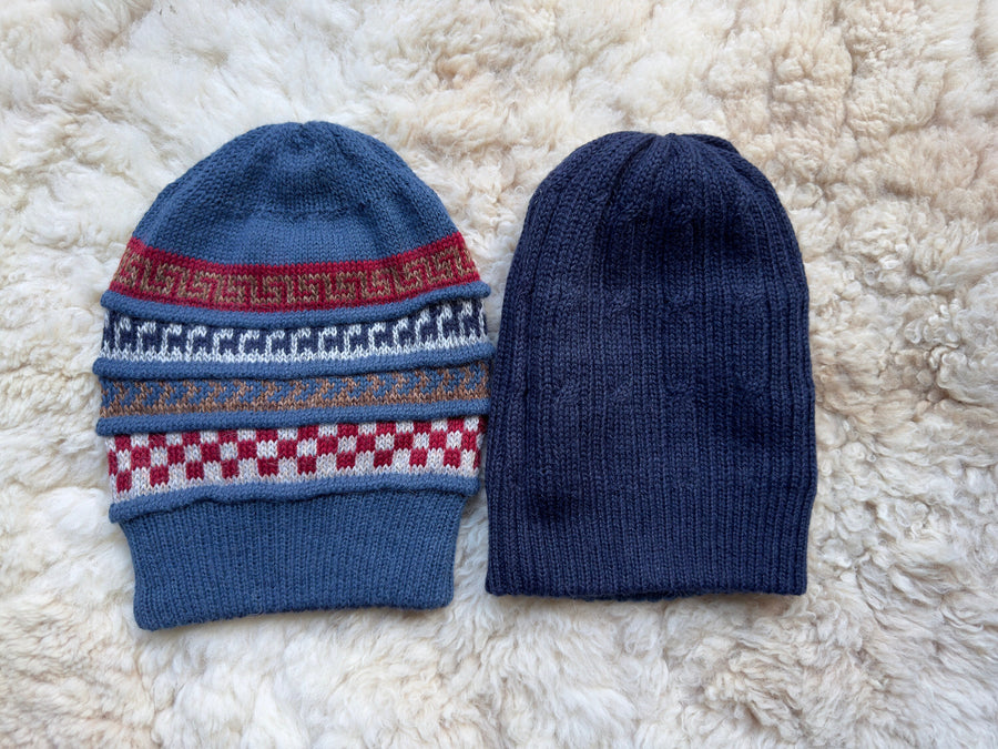 Blue & Navy Reversible Geometric Alpaca Slouch Beanie