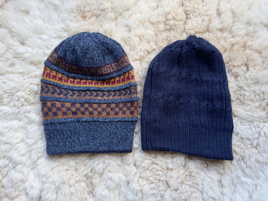 Steel Blue & Navy Reversible Geometric Alpaca Slouch Beanie