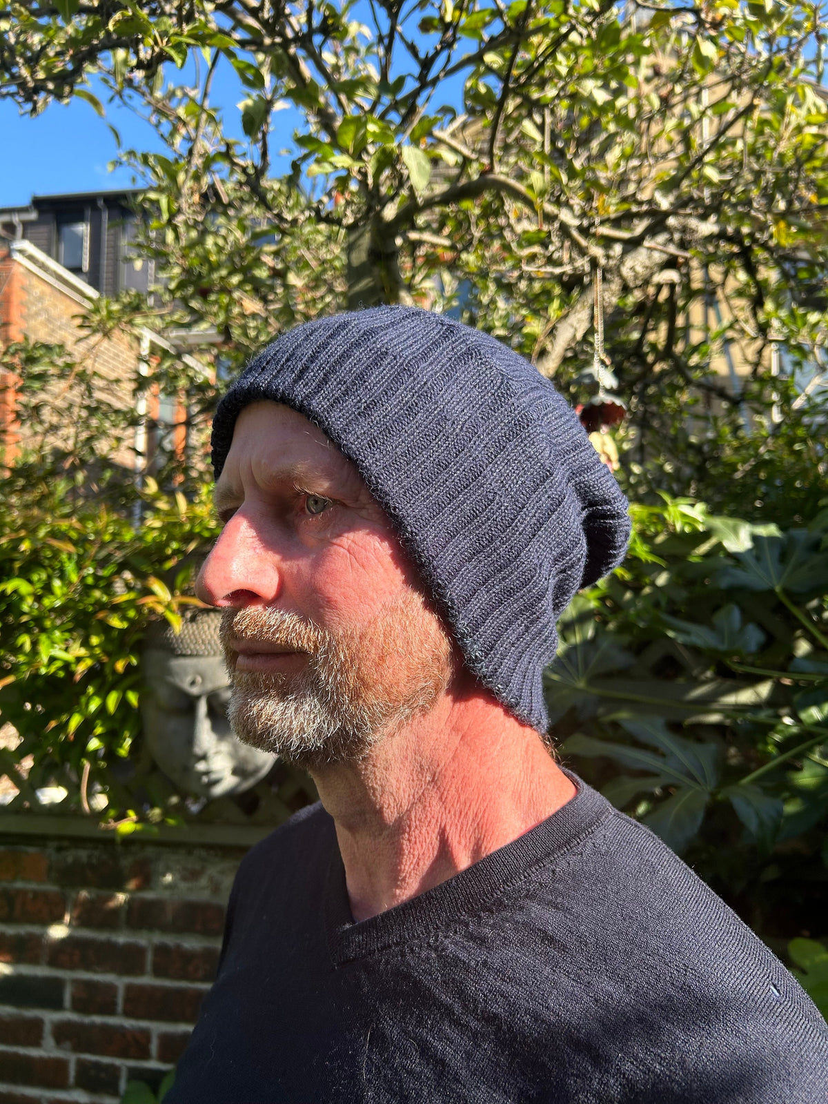 Steel Blue & Navy Reversible Geometric Alpaca Slouch Beanie, photo 4