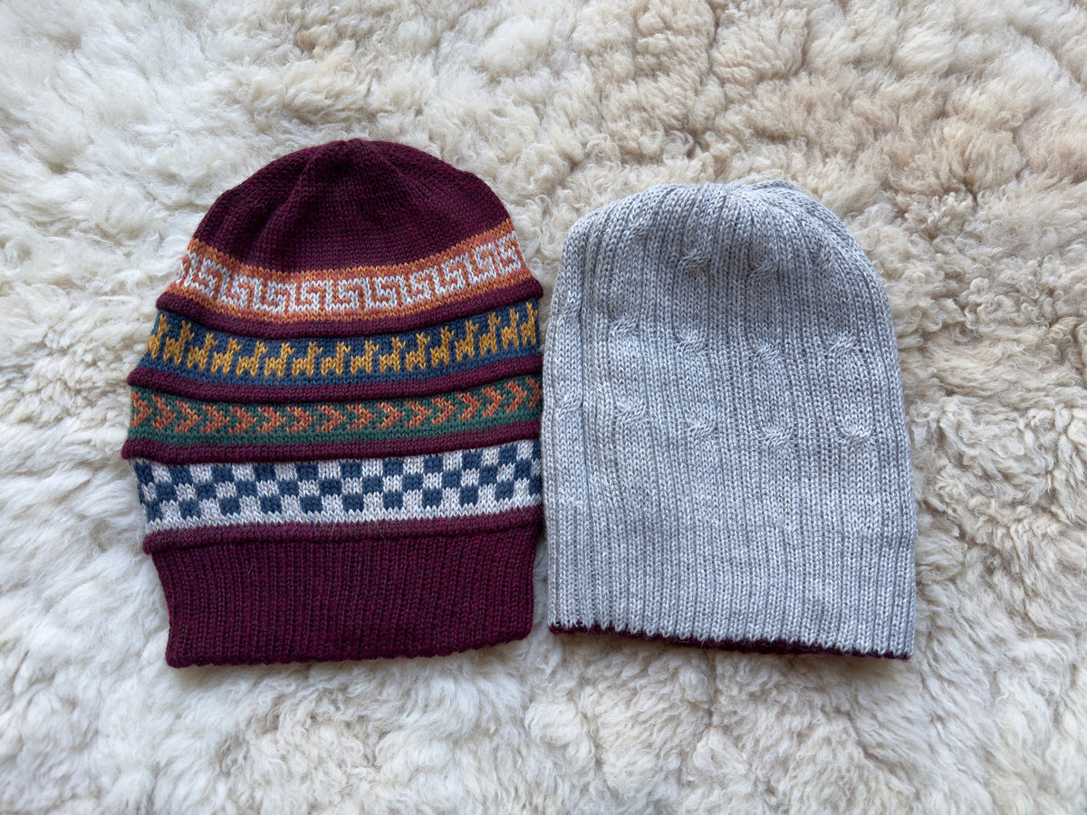 Burgundy & Grey Reversible Geometric Alpaca Slouch Beanie