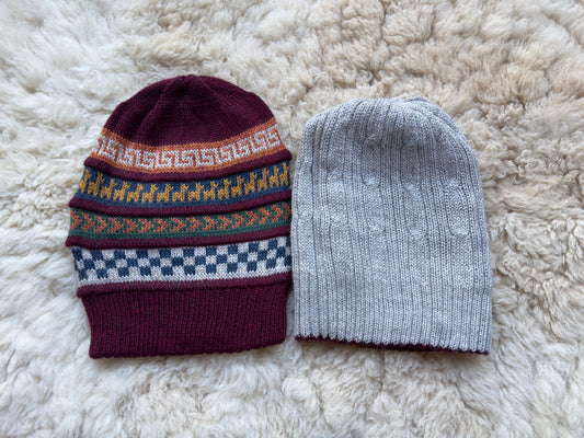 Burgundy & Grey Reversible Geometric Alpaca Slouch Beanie