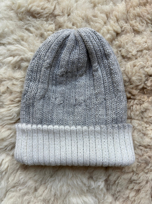 Grey & White Reversible Cable Knit Alpaca Beanie