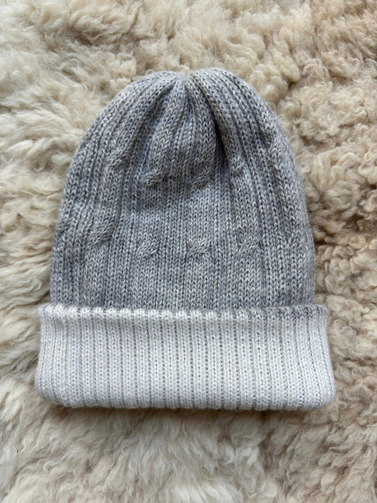 Grey & White Reversible Cable Knit Alpaca Beanie