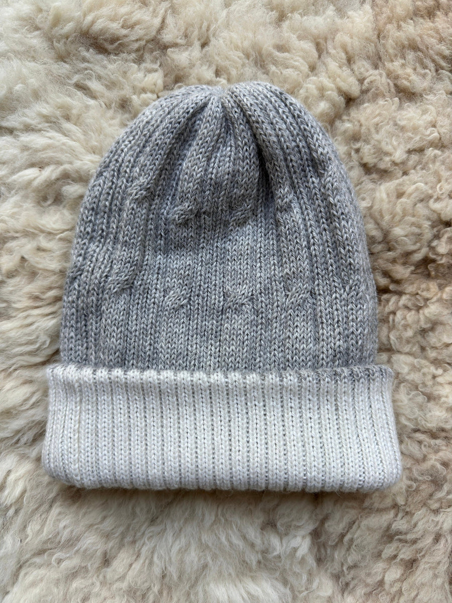 Grey & White Reversible Cable Knit Alpaca Beanie