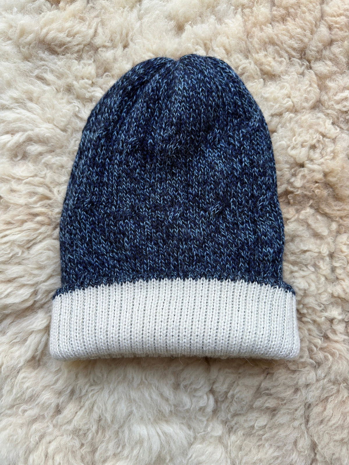 Steel Blue & White Reversible Cable Knit Alpaca Beanie