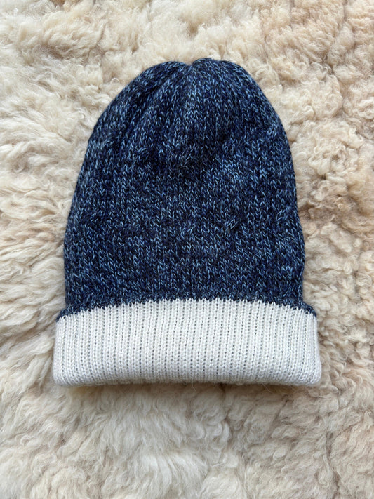 Steel Blue & White Reversible Cable Knit Alpaca Beanie