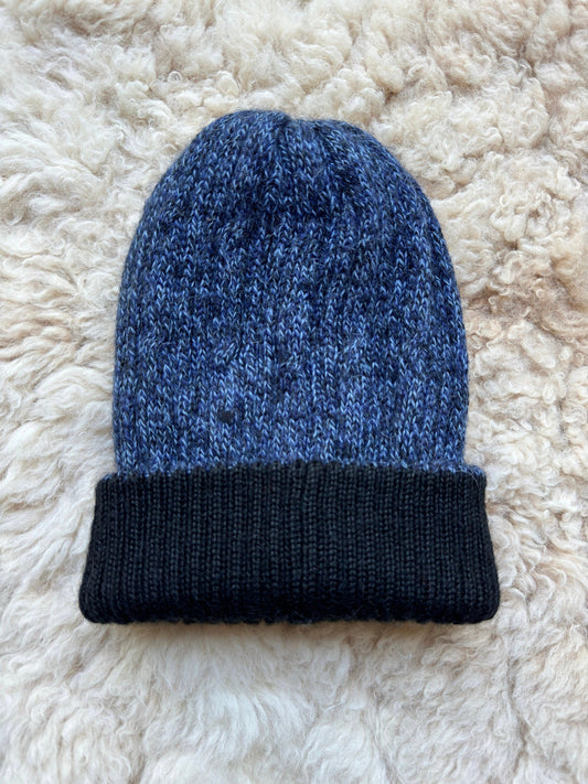 Steel Blue & Black Reversible Cable Knit Alpaca Beanie