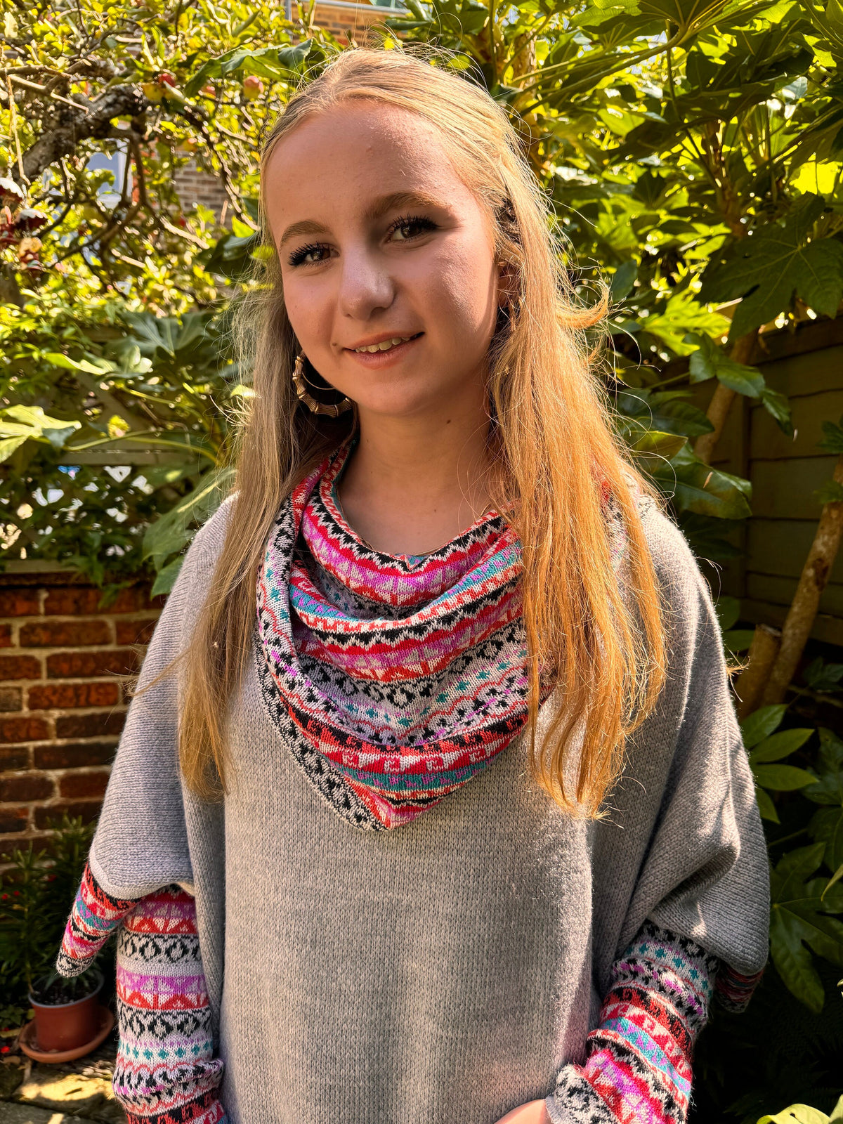 Light Grey & Pink Fair Isle Alpaca Poncho with Sleeves, photo 4