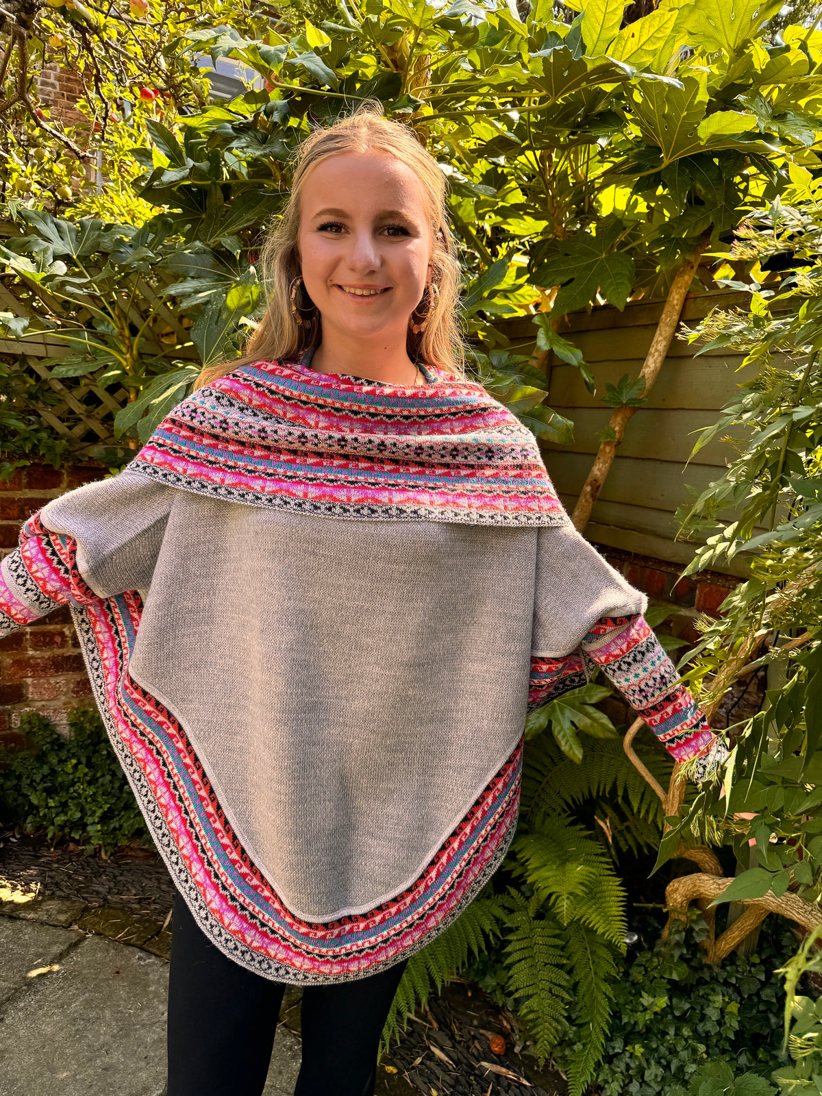 Light Grey & Pink Fair Isle Alpaca Poncho with Sleeves, photo 3