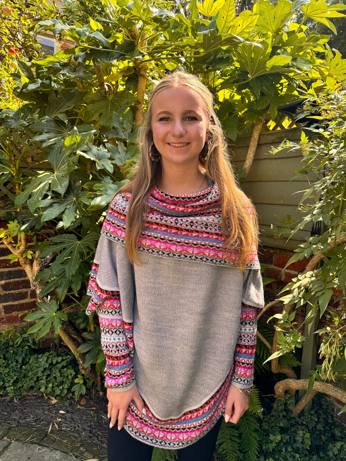 Light Grey & Pink Fair Isle Alpaca Poncho with Sleeves, photo 6
