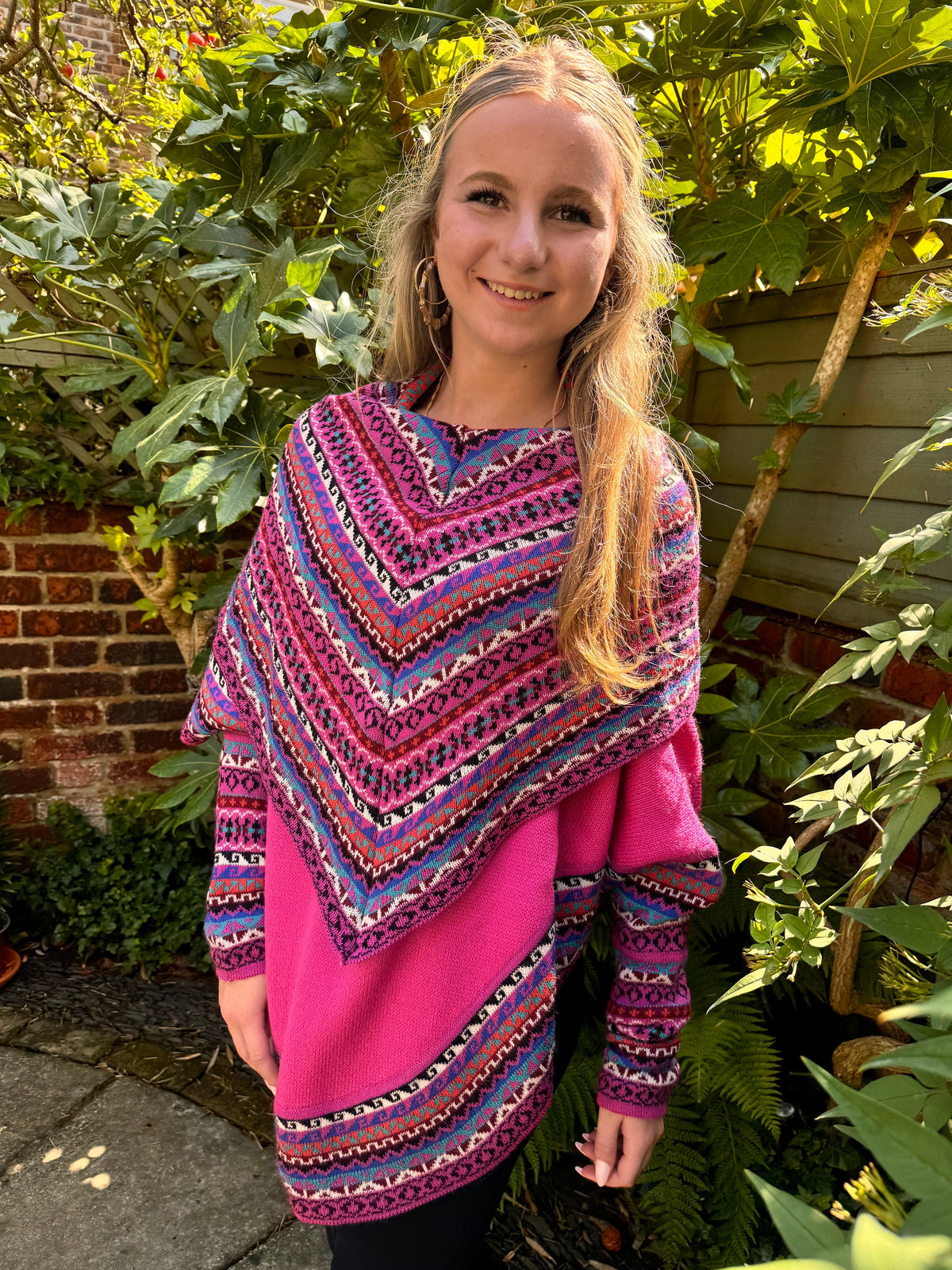 Hot Pink Fair Isle Alpaca Poncho with Sleeves, photo 4