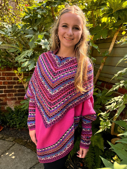 Hot Pink Fair Isle Alpaca Poncho with Sleeves, photo 4