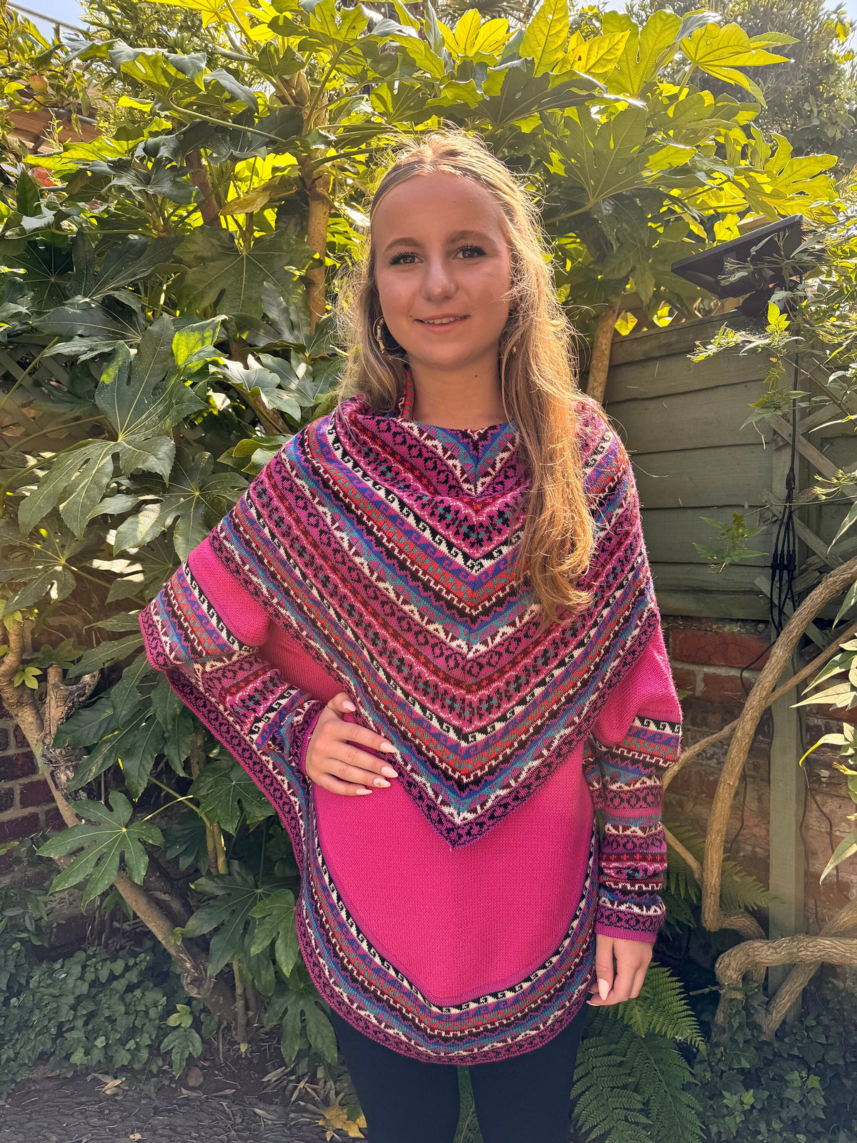 Hot Pink Fair Isle Alpaca Poncho with Sleeves