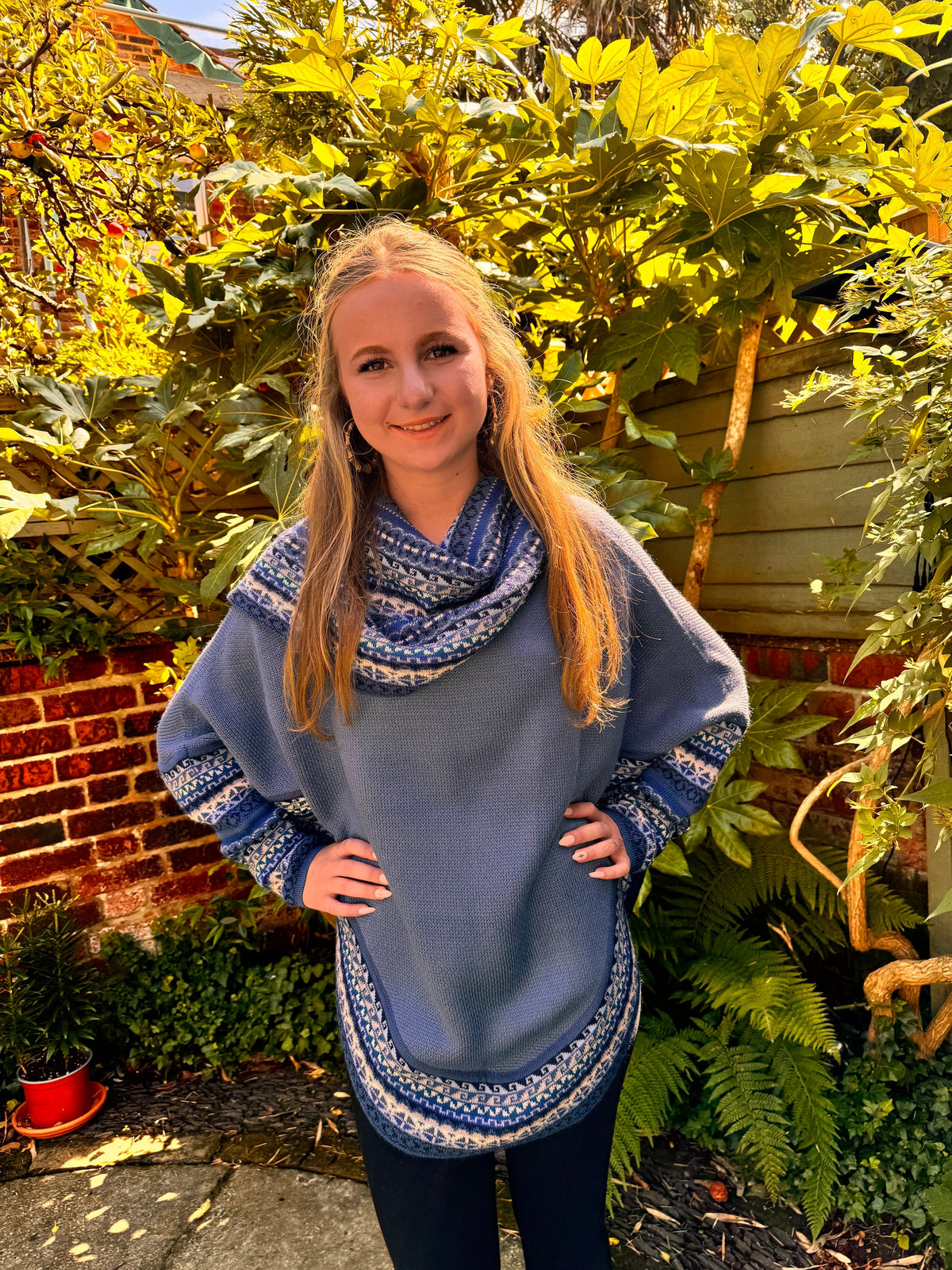 Sky Blue & Navy Fair Isle Alpaca Poncho with Sleeves, photo 2