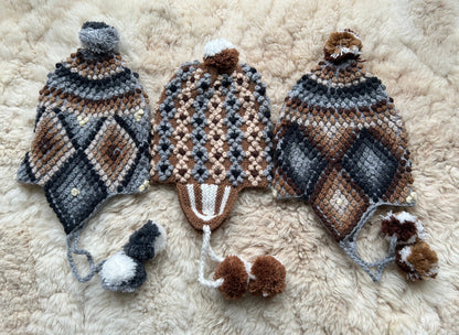 Popcorn Stitch Alpaca Chullo Hat - Natural Browns & Greys, photo 2