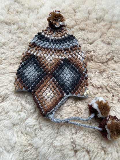 Popcorn Stitch Alpaca Chullo Hat - Natural Browns & Greys