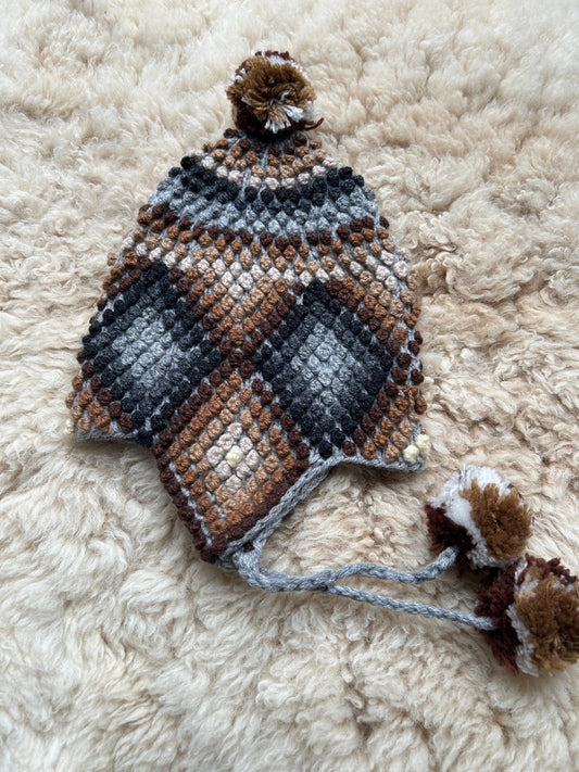 Popcorn Stitch Alpaca Chullo Hat - Natural Browns & Greys