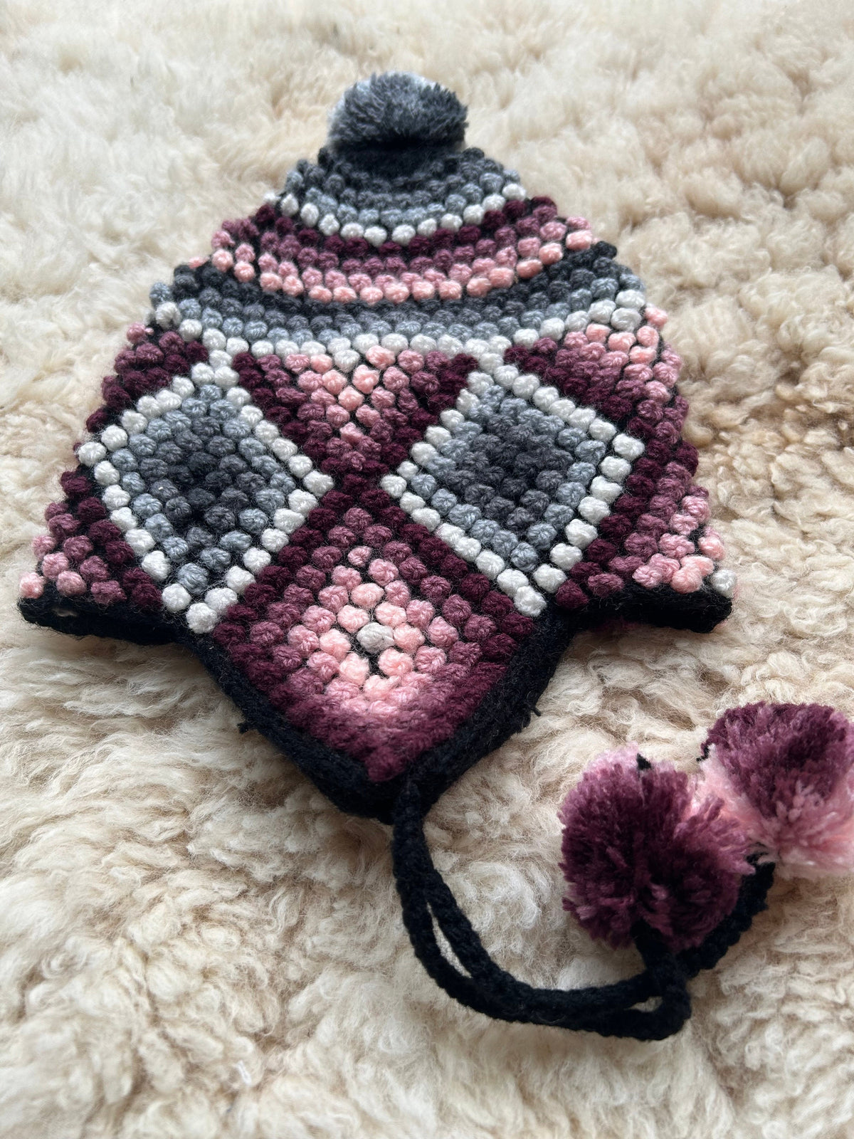 Popcorn Stitch Alpaca Chullo Hat - Blue & Plum, photo 2