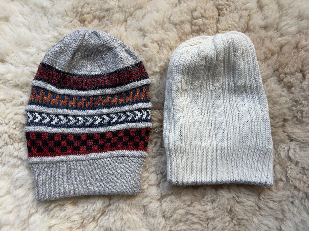 Light Grey & White Reversible Geometric Alpaca Slouch Beanie