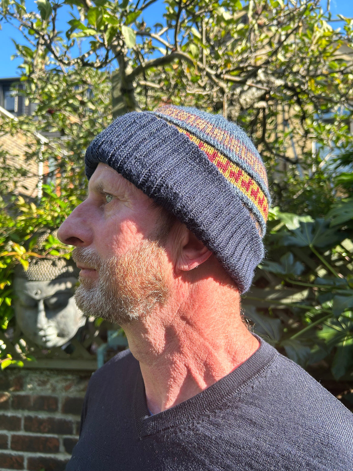Steel Blue & Navy Reversible Geometric Alpaca Slouch Beanie, photo 3