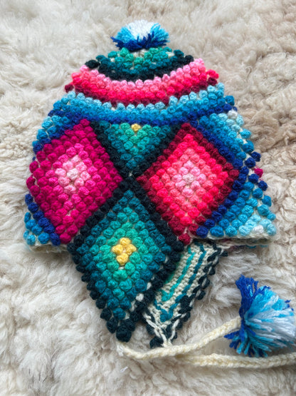 Popcorn Stitch Alpaca Chullo Hat - Vibrant Brights