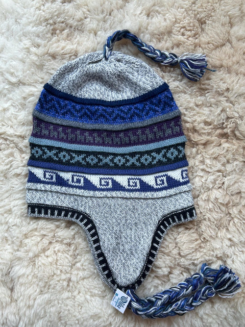 Reversible Alpaca Chullo Hat - Blue & Red Tones