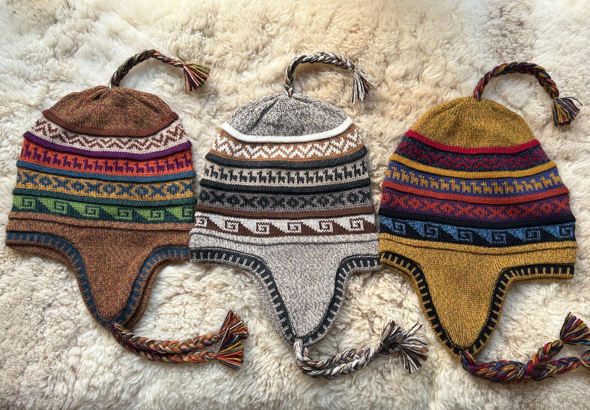 Reversible Alpaca Chullo Hat - Brown & Mustard Tones, photo 3