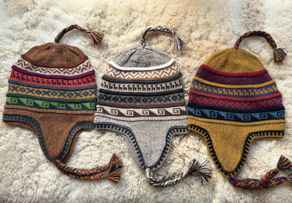 Reversible Alpaca Chullo Hat - Brown & Mustard Tones, photo 3