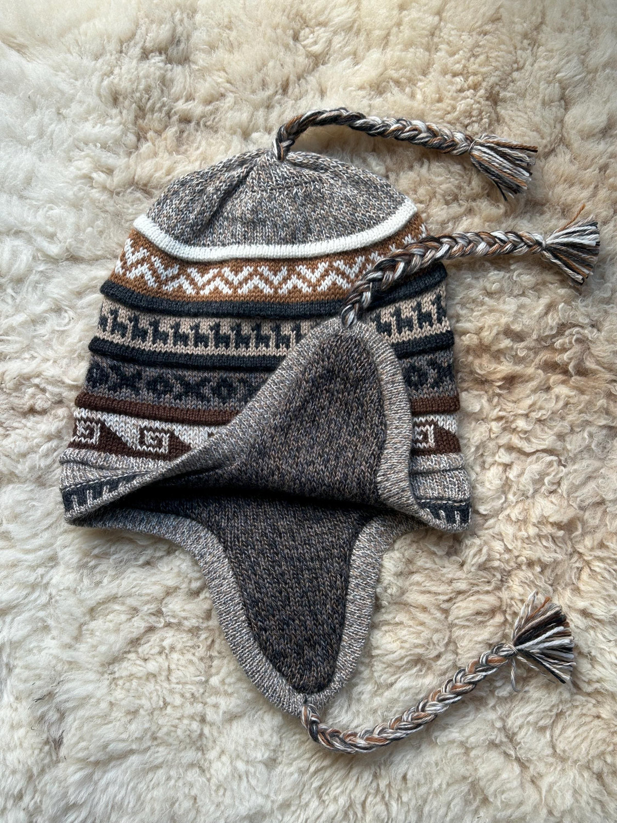 Reversible Alpaca Chullo Hat - Brown & Mustard Tones, photo 5