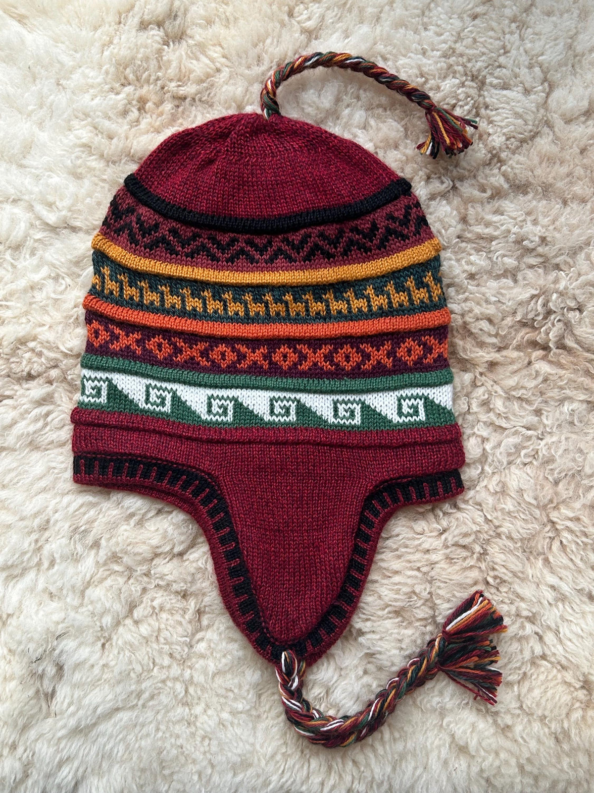 Reversible Alpaca Chullo Hat - Black & Burgundy Tones, photo 4