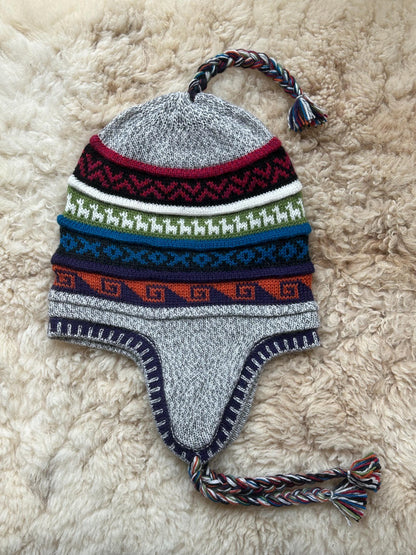 Reversible Alpaca Chullo Hat - Grey, Olive & Cream