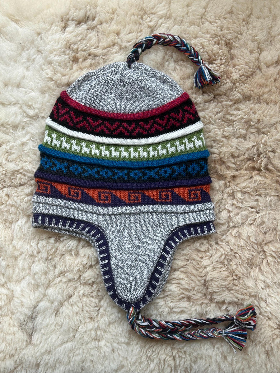 Reversible Alpaca Chullo Hat - Grey, Olive & Cream
