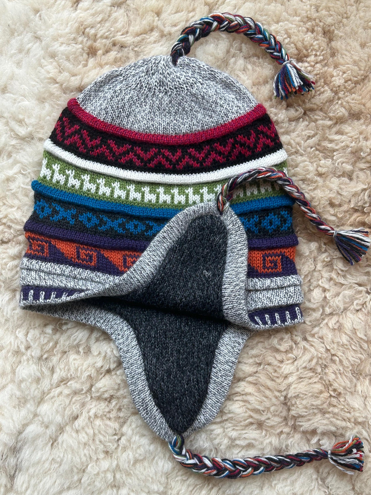 Reversible Alpaca Chullo Hat - Grey, Olive & Cream, photo 2