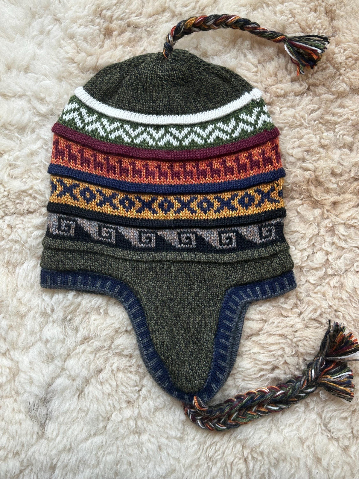 Reversible Alpaca Chullo Hat - Grey, Olive & Cream, photo 4