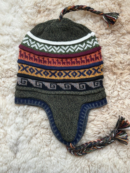 Reversible Alpaca Chullo Hat - Grey, Olive & Cream, photo 4