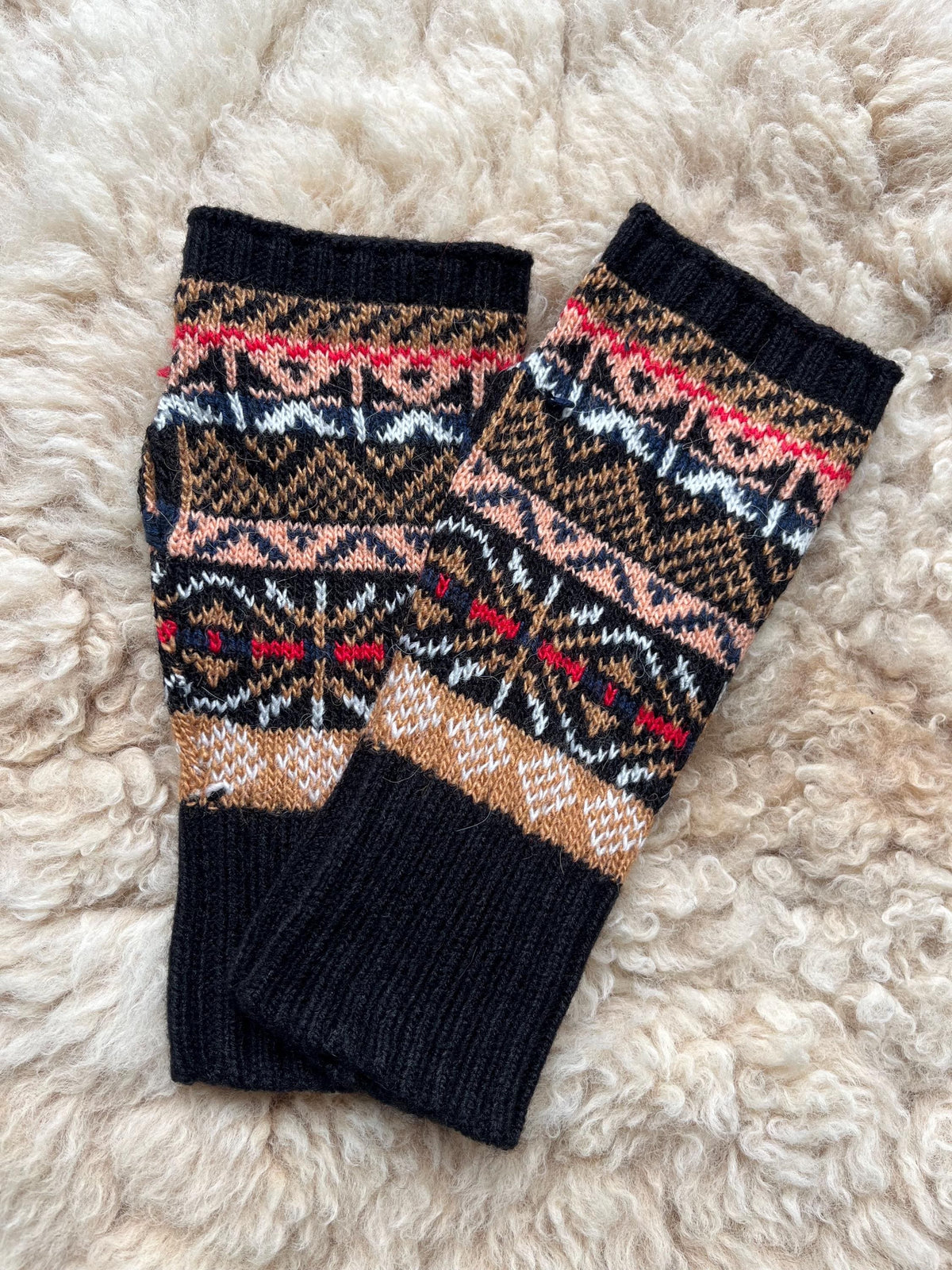 Black & Peach Fair Isle Alpaca Fingerless Gloves, photo 2