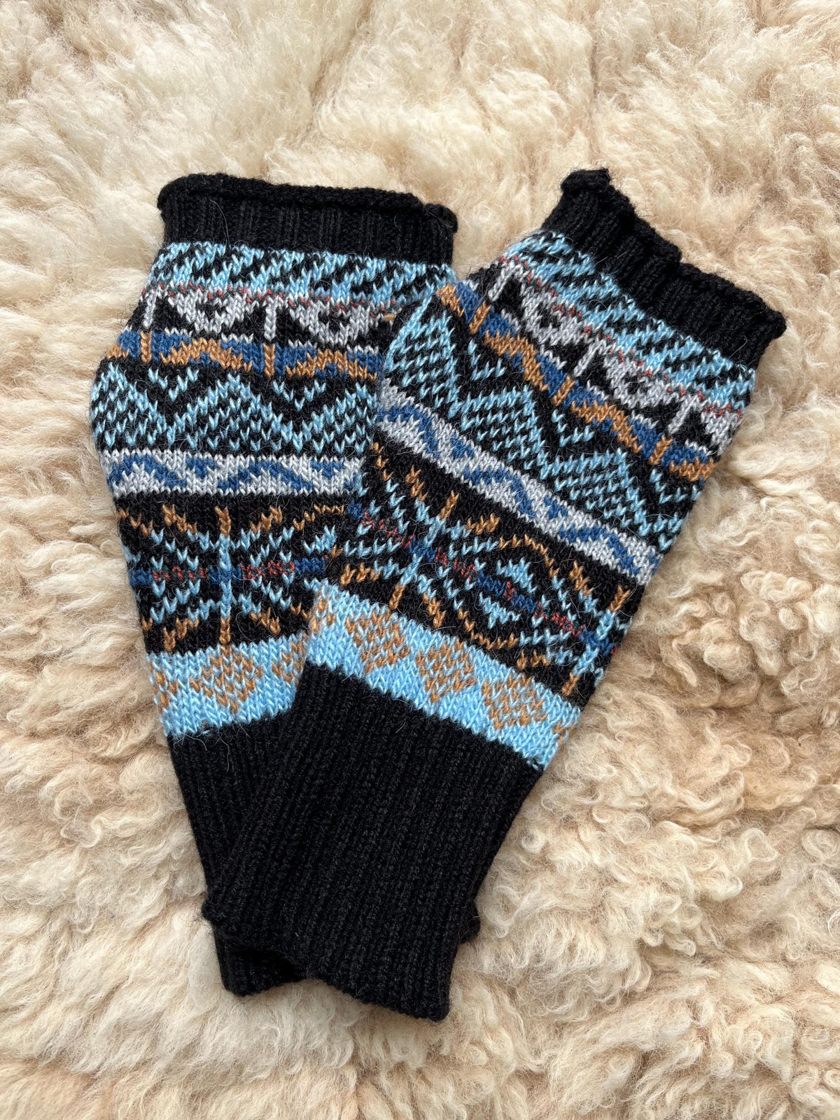 Black & Blue Fair Isle Alpaca Fingerless Gloves