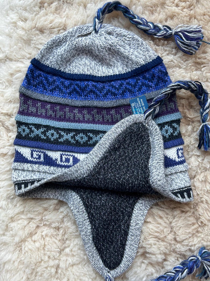 Reversible Alpaca Chullo Hat - Blue & Red Tones, photo 2