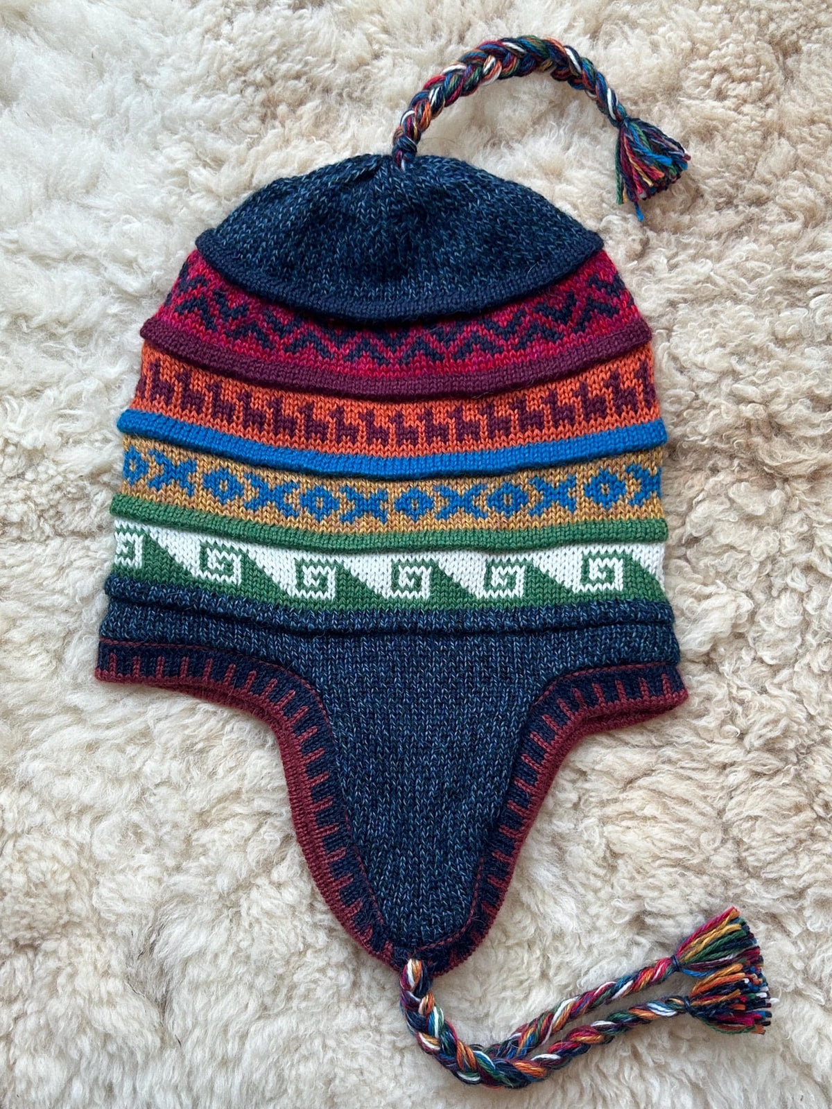 Reversible Alpaca Chullo Hat - Blue & Red Tones, photo 3