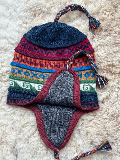 Reversible Alpaca Chullo Hat - Blue & Red Tones, photo 4