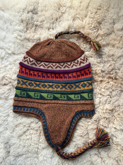 Reversible Alpaca Chullo Hat - Brown & Mustard Tones