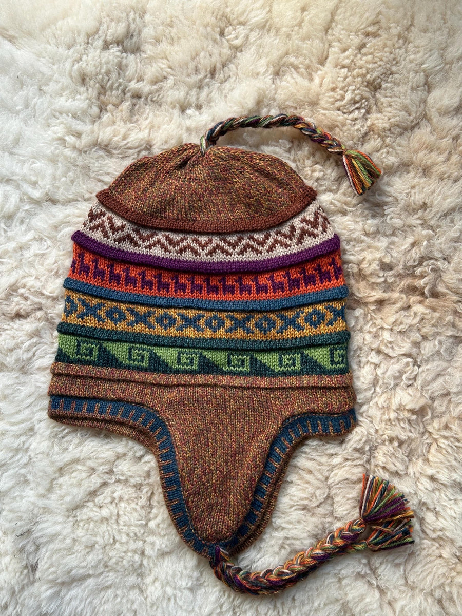 Reversible Alpaca Chullo Hat - Brown & Mustard Tones