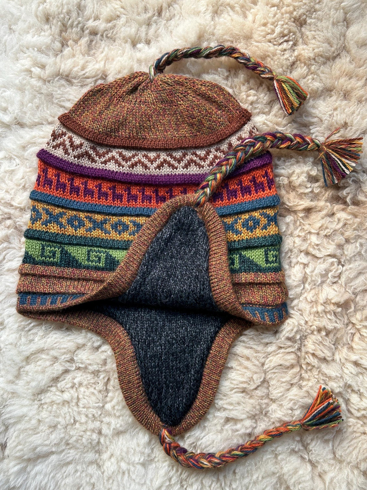 Reversible Alpaca Chullo Hat - Brown & Mustard Tones, photo 2
