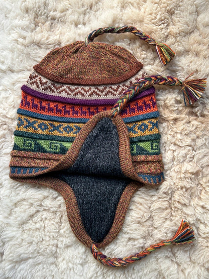 Reversible Alpaca Chullo Hat - Brown & Mustard Tones, photo 2