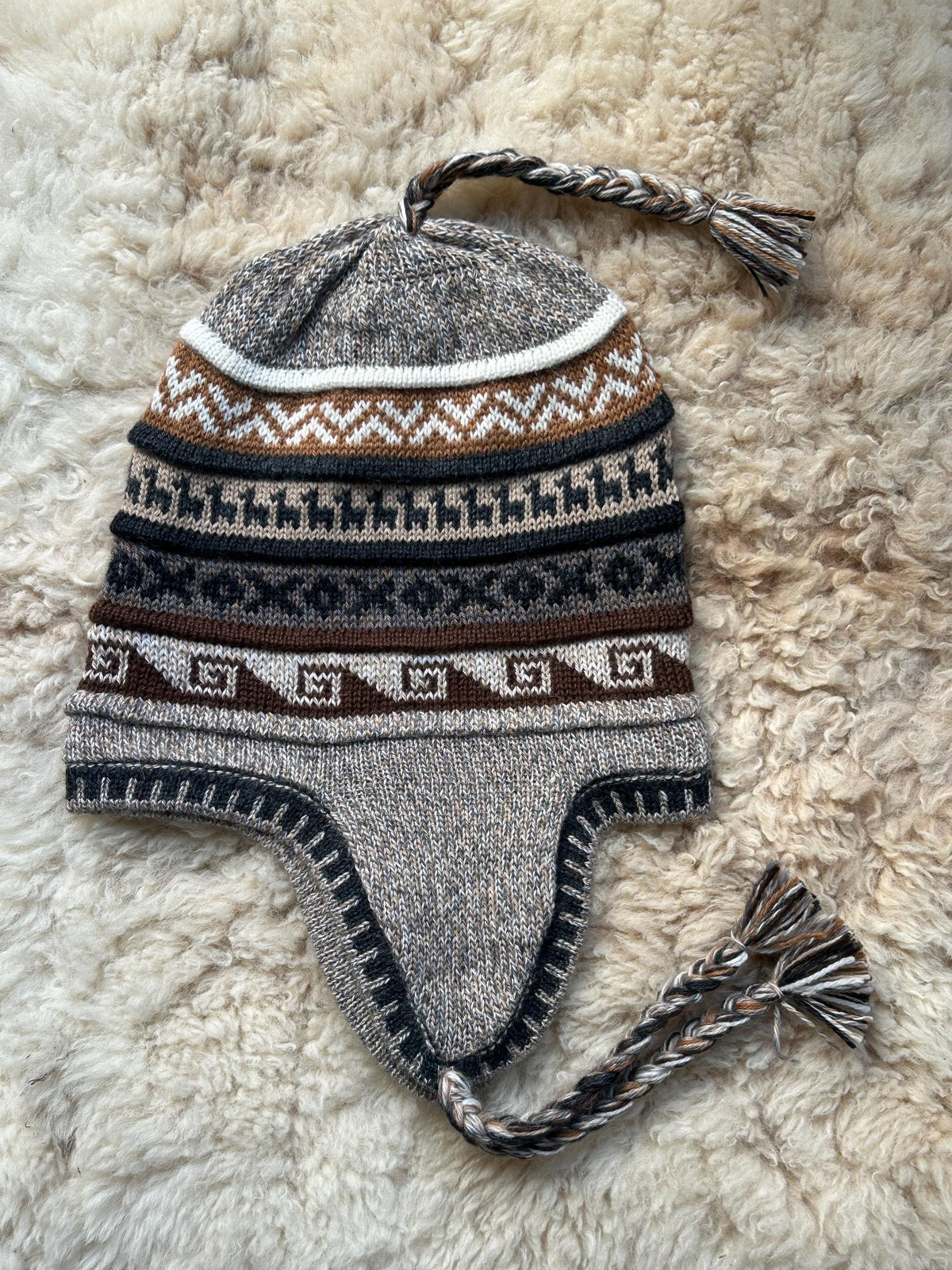 Reversible Alpaca Chullo Hat - Brown & Mustard Tones, photo 4