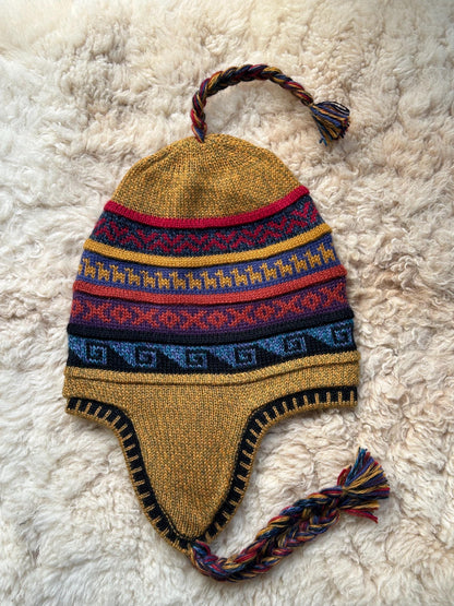 Reversible Alpaca Chullo Hat - Brown & Mustard Tones, photo 6