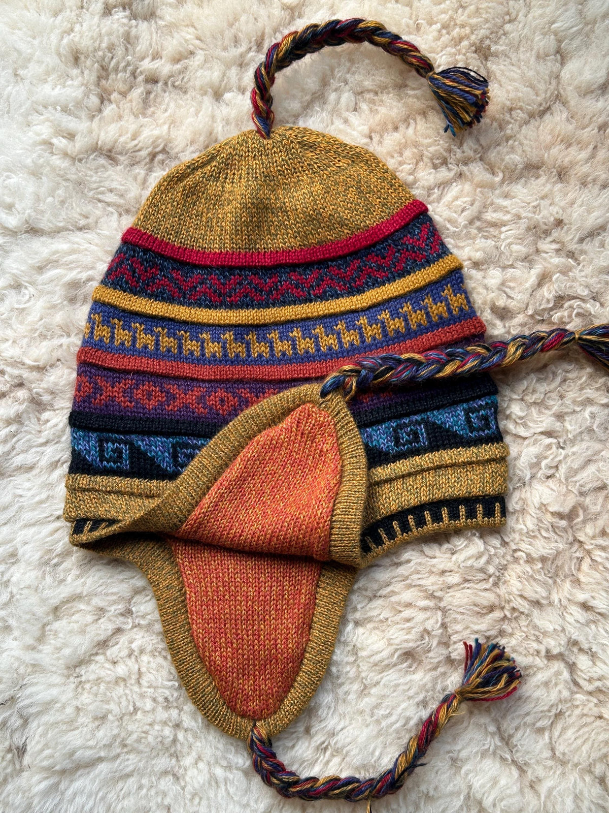 Reversible Alpaca Chullo Hat - Brown & Mustard Tones, photo 7