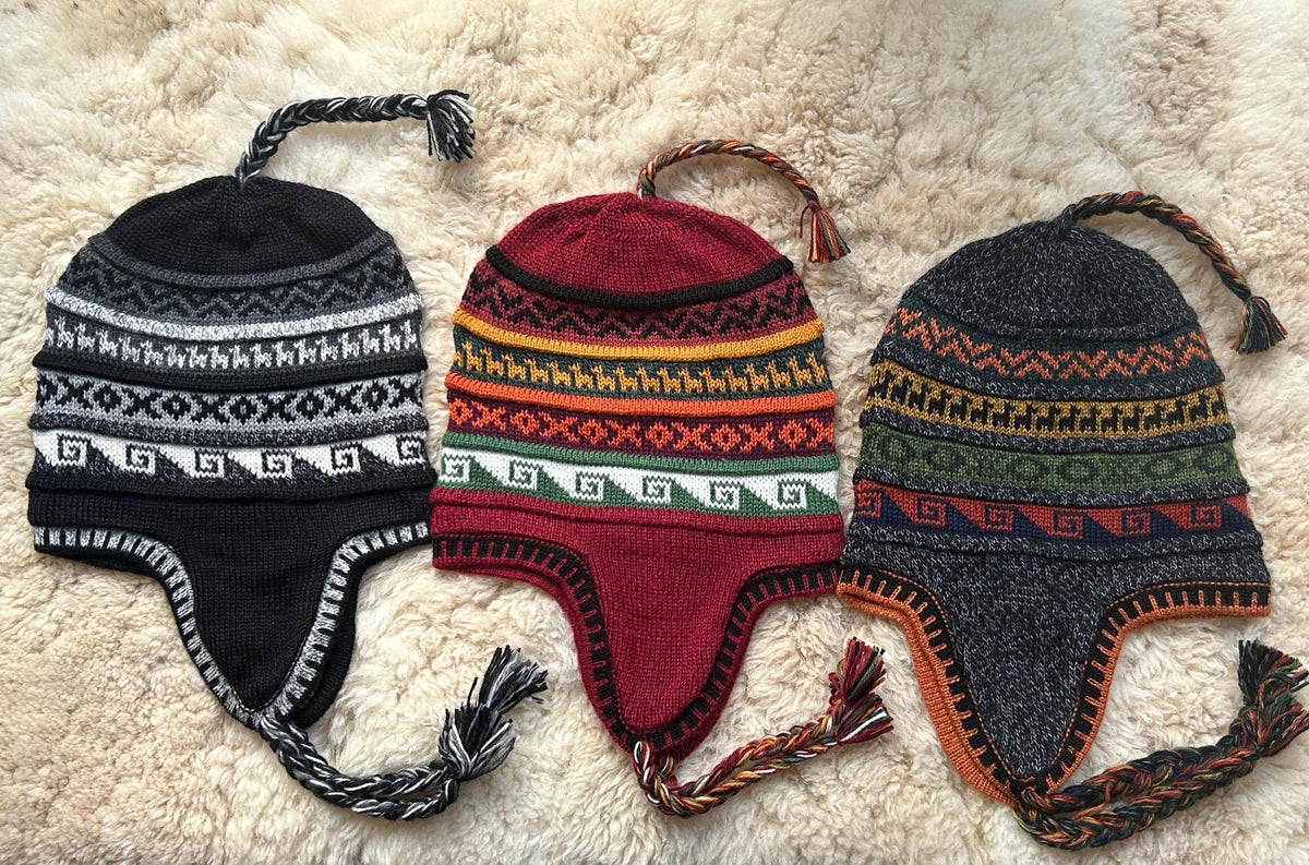 Reversible Alpaca Chullo Hat - Black & Burgundy Tones, photo 3